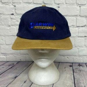 Vintage Hat Cap Strap Back Navy Blue Brown Darwin Dispatch Embroidered Logo 90s